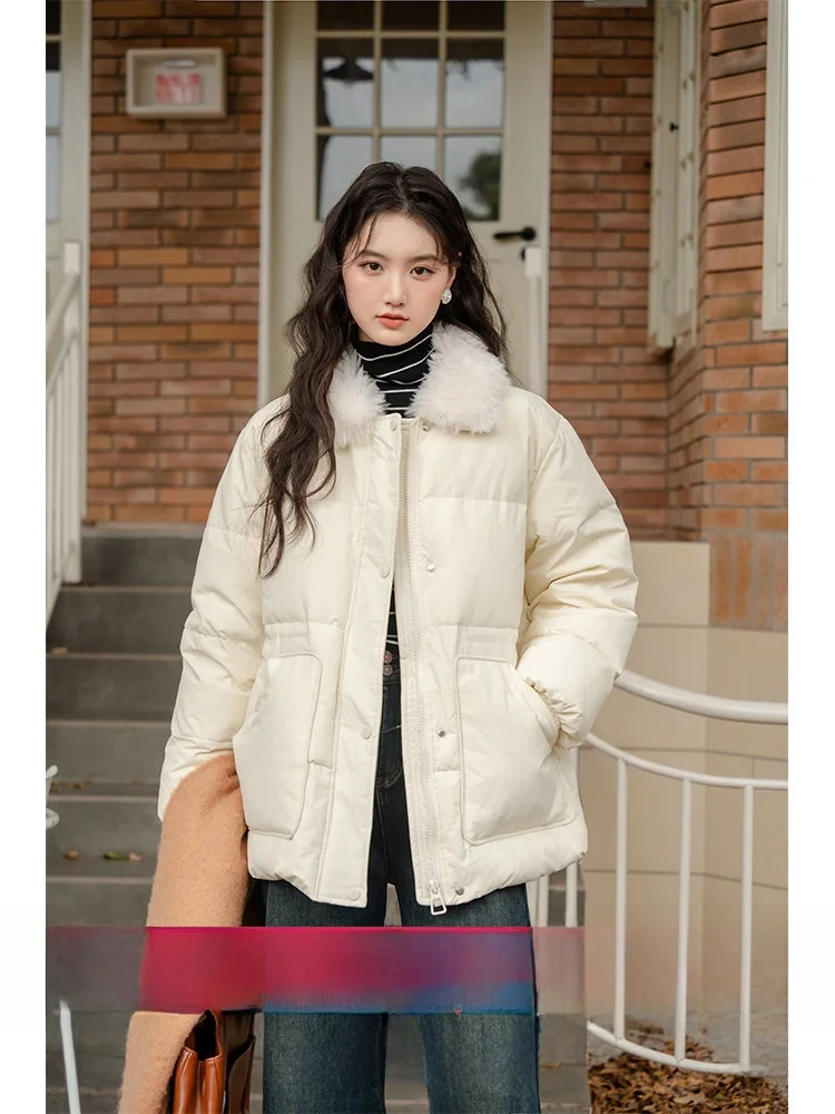 

Unique Plum White Fur Collar Short Thickened Winter Women's down Jacket Waist-Cinching Notched Collar Coat Retro Commute Style