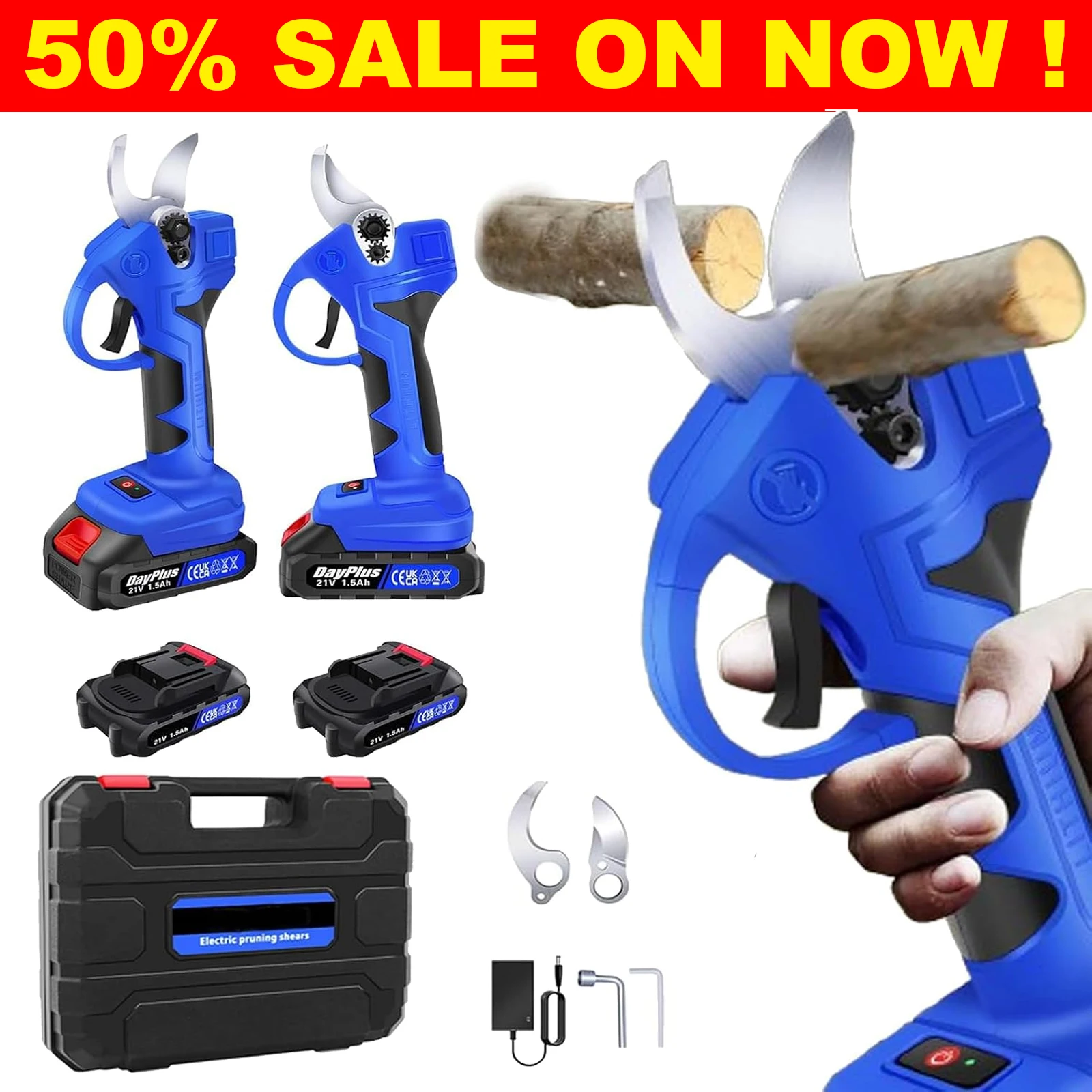 Forbici da potatura elettriche da giardino da 1800 W, forbici da potatura elettriche con motore brushless da 21 V, senza fili, con 2 batterie ricaricabili da 1,5 Ah e lame, strumento per potare rami e