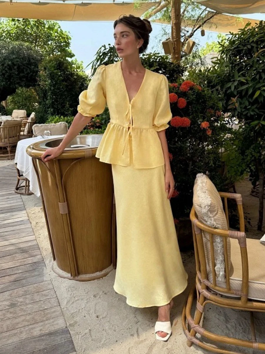 Blubelle 2025 Summer Women's 100% Cotton V-Neck Lace-Up Bubble Sleeve Shirt  Long Skirt Set Loose Casual Two-Piece Suit - Image 2