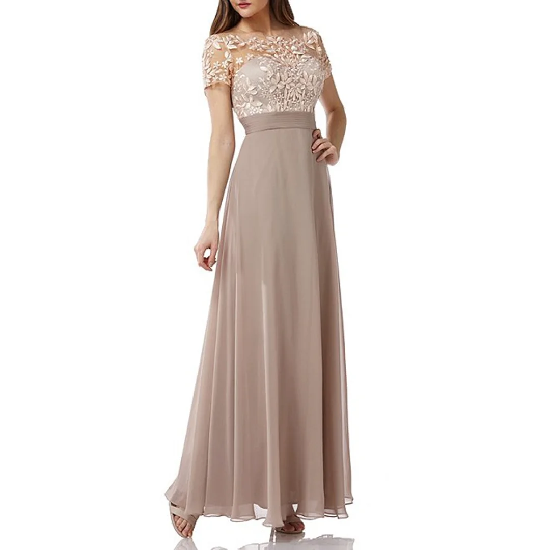 Ethereal Mocha Chiffon Gown with Embroidered Bodice Short Sleeves Mother of the Bride Dresses for Weddings Elegant Formal Events