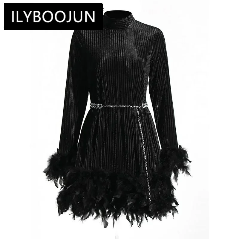 

ILYBOOJUN Solid Patchwork Feathers Slimming Elegant Dresses For Women Stand Collar Long Sleeve High Waist Dress Female New