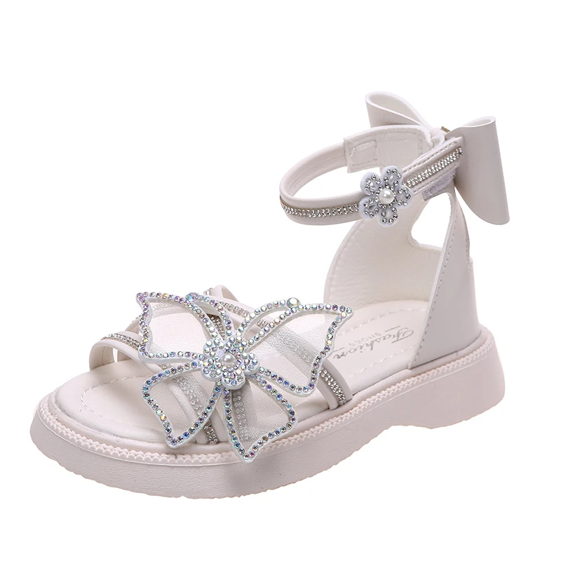 2026 Summer New Girls' Roman-Style Sandals Princess Shoes with Diamonds and Bow Decorations Soft Sole Non-Slip Size23-37