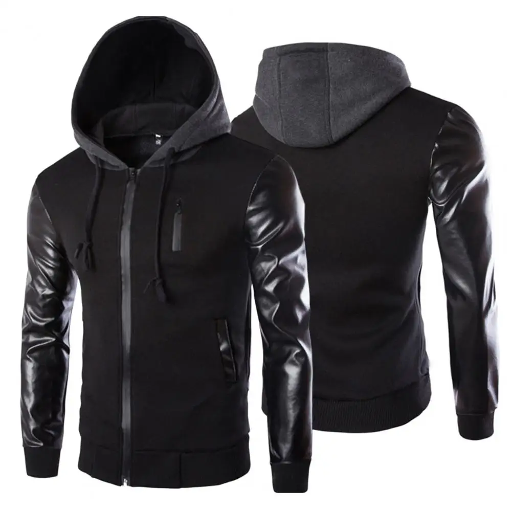 

Men Jacket Faux Leather Sleeve Pockets Hoodies Sweatshirts Military Windbreaker Spring Autumn Outerwear свитер оверсайз