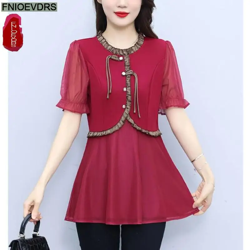 L-5XL Loose Clothes 2024 Summer Retro Button Tops Short Sleeve Women Tunic Office Lady Patchwork Ruffles Peplum Shirts Blouses