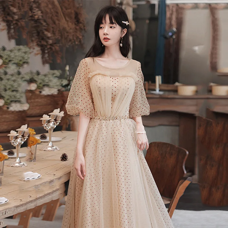 

Elegant Puff Sleeve Floor Length Evening Dresses Women Backless Long A-line Tulle Formal Party Gown