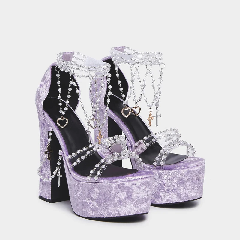 

Lolita Heart Pearls Chains Purple Velvet Platform Sandals Chunky High Heel Beads PVC Straps Wedding Shoes Jewerly Ladies Pumps