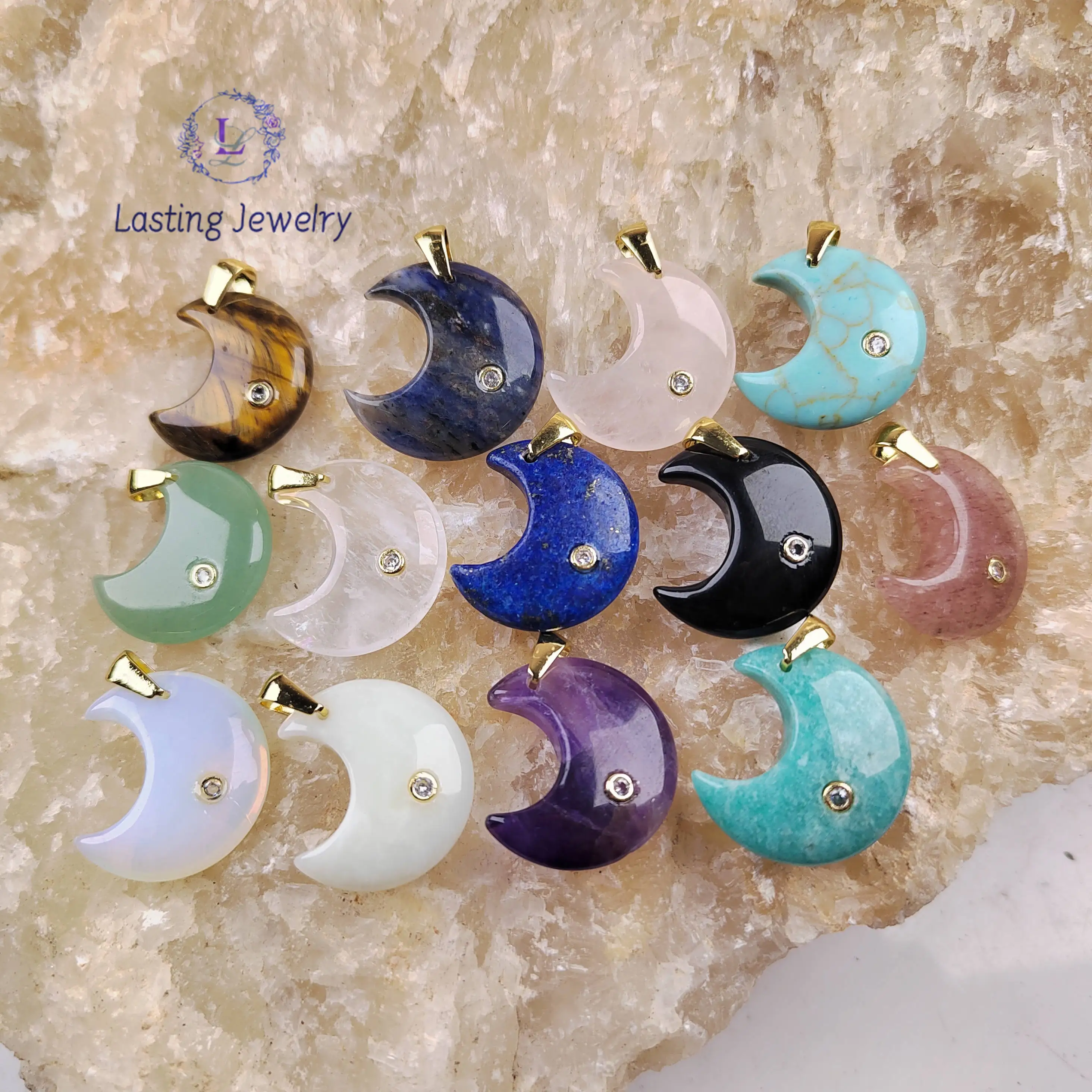 

Reiki Quartz Crescent Pendants With Inlaid Zircon Beads Moon Gemstone Charms Turquoise Tiger Eye For Necklace Jewelry Making