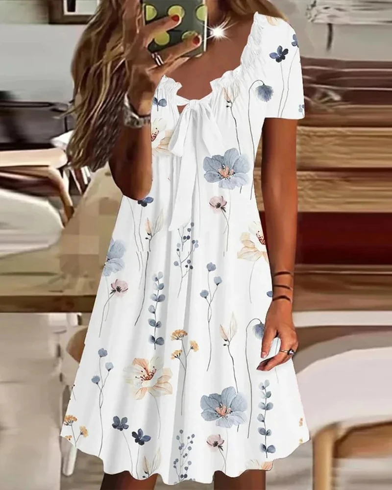 

Women's Casual V-Neck Floral Printed Loose Dress Temperament Commuting Female Clothes Summer Daily Fashion Women Elegant Dresses