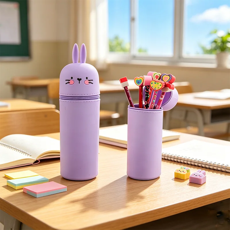 

Cute Purple Rabbit Silicone Retractable Pencil Case Kawaii Cartoon Stand Up Pen Holder Large Capacity Waterproof Stationery Bag