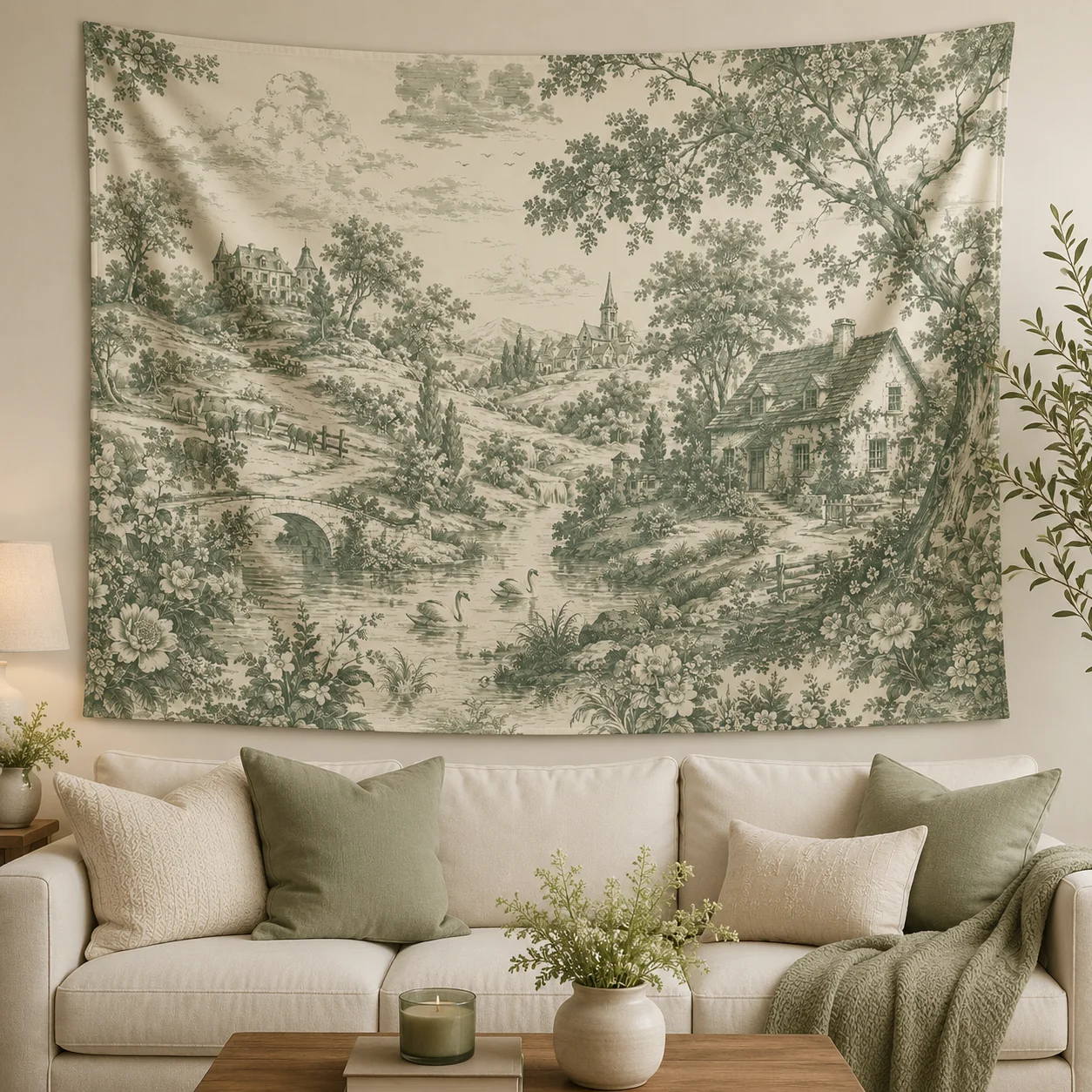 Sage Green French Country Tapestry, Vintage Cottage River Landscape Printed Wall Hanging, Farmhouse Bedroom Wall Decor Tapestry