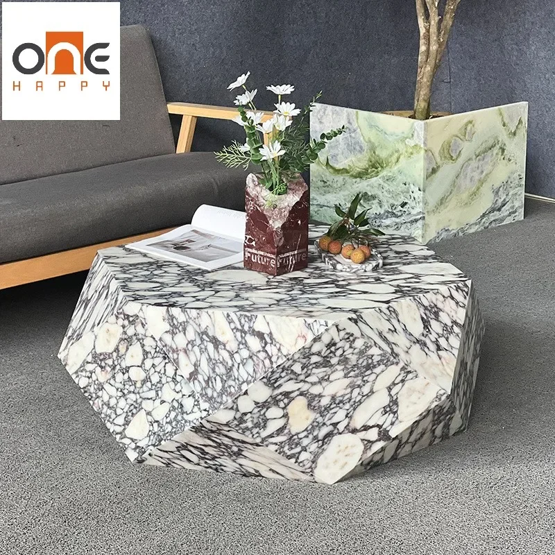 

Luxury Calacatta Violet Marble Living Room Furniture Polygon Fashion Marble Plinth Diamond Coffee Table Marble Center Table