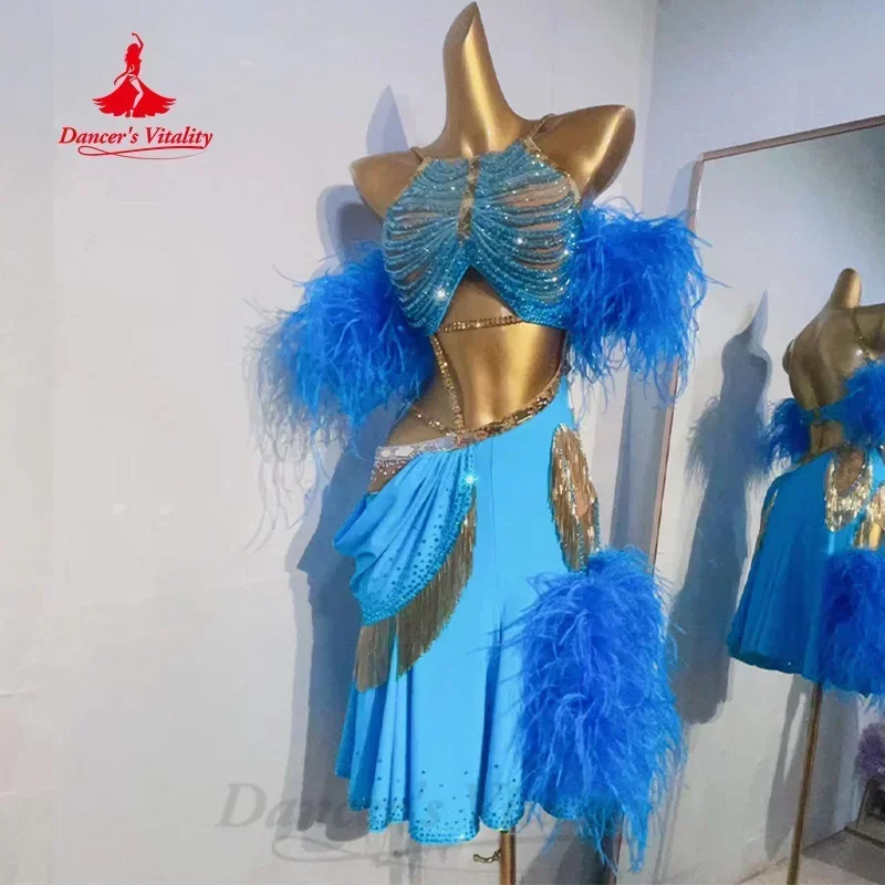 Latin Dance Performance Dresses Women Customized High-end Feather Fringe Dress Adult and Children Samba Tango Competition Outfit