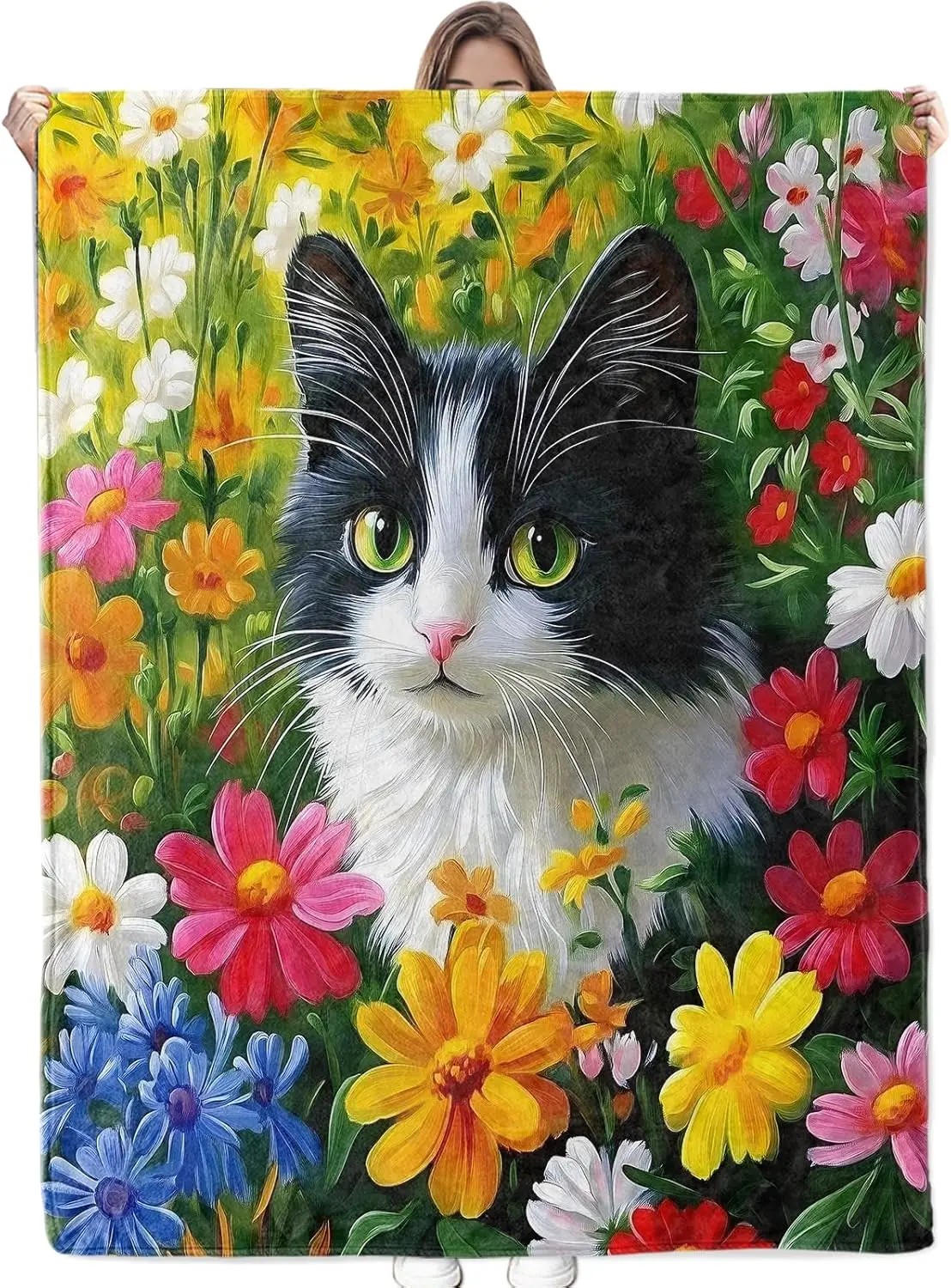 Cute Cat & Floral Blanket - Ultra Soft & Cozy Flannel Kitten Throw Blankets, Warm, Lightweight & Fuzzy - Perfect for Couch, Bed