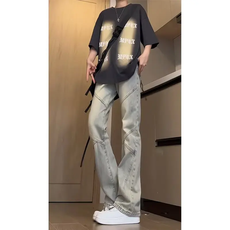 

Men's Retro Niche Splicing Design American High Street Vibe Slim Straight Flared Trousers Mens Jeans for Man Kawaii Pants Shorts