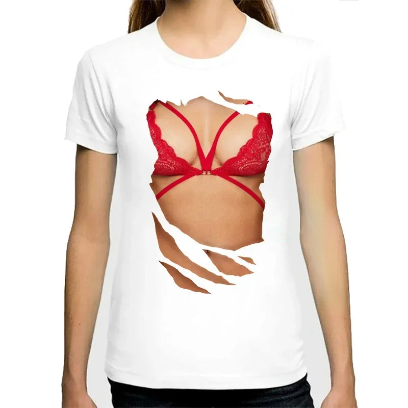 New casual 3D big-chested print top men's and women's O-neck short-sleeved T-shirt summer sexy