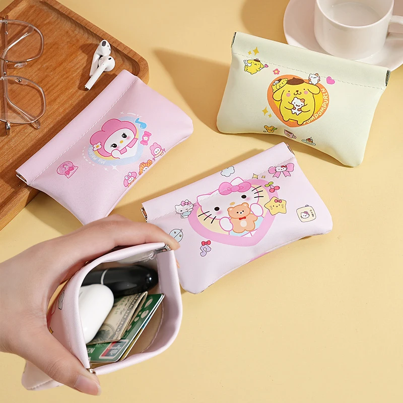 Sanrio mymelody Pompom Purin Cartoon PU Automatic Closure Lipstick Bag Makeup Pouch Bag Portable Cable Sealing Organizer Bag