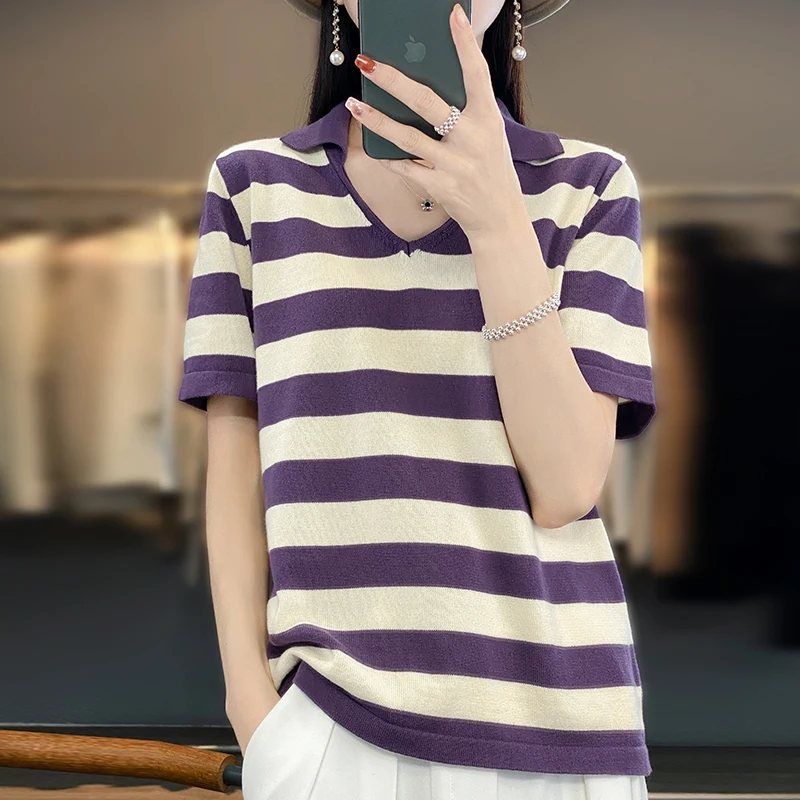 여성 순면 니트 티셔츠, 폴로 넥 반팔, V넥 스트라이프 배색 상의, 한국 패션, 디자인 느낌, 여름 신상