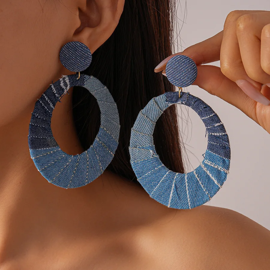Casual Blue Twill Pattern Fabric Wrapped Big Hoop Earrings Round Stud Accent Oversized Circle Dangle Ear Wear Streetwear Style