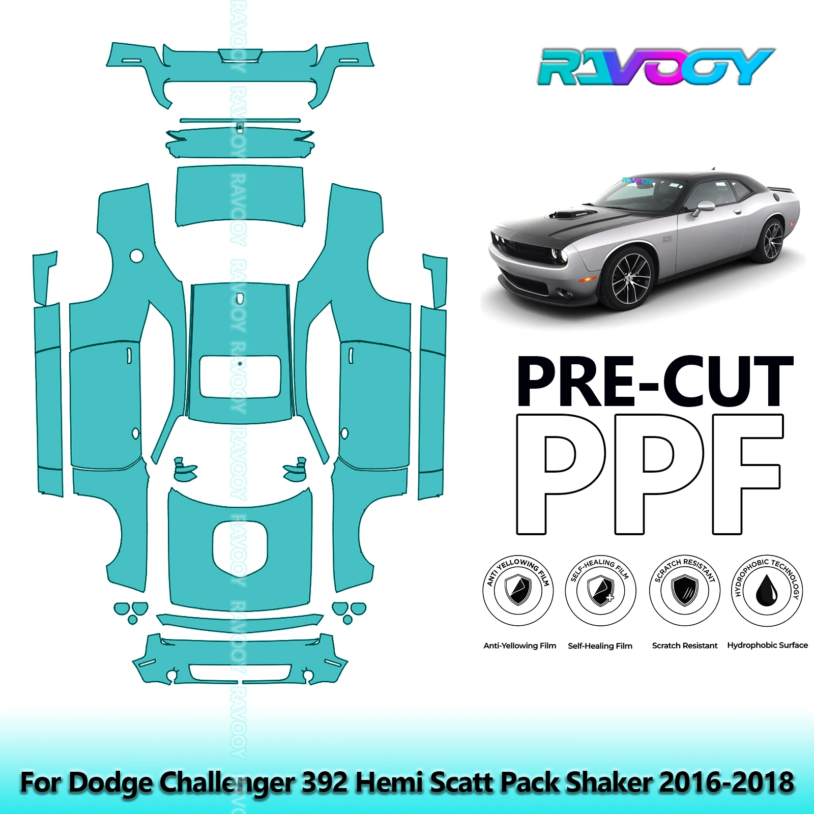 RAVOOY Custom-Fit Precut TPU PPF Full Vehicle Clear Bra Stone Guard For Dodge Challenger 392 Hemi Scatt Pack Shaker 2016-2018