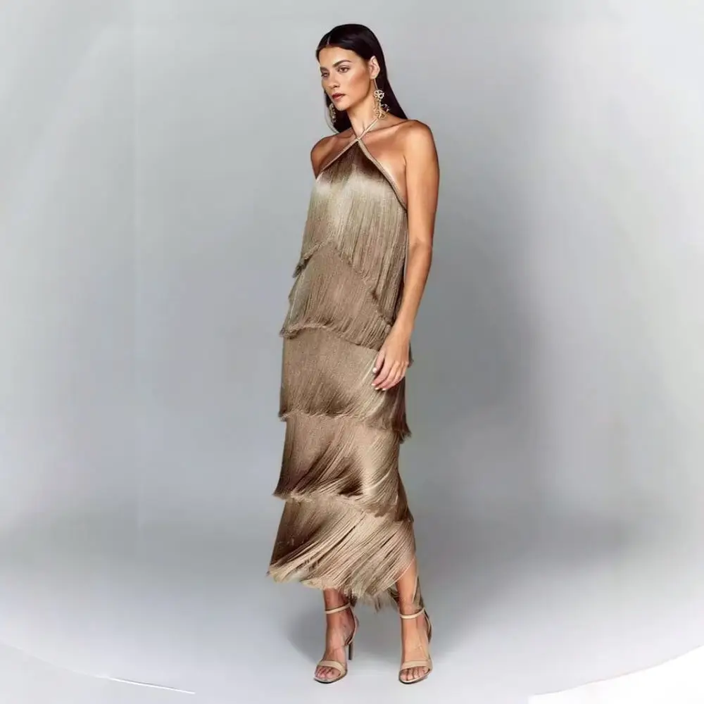 Women Elegant Sleeveless Halter Neck Long Dress Backless Tassel Side Split Summer Vacation Beach Party Casual Slim Fit Outfit
