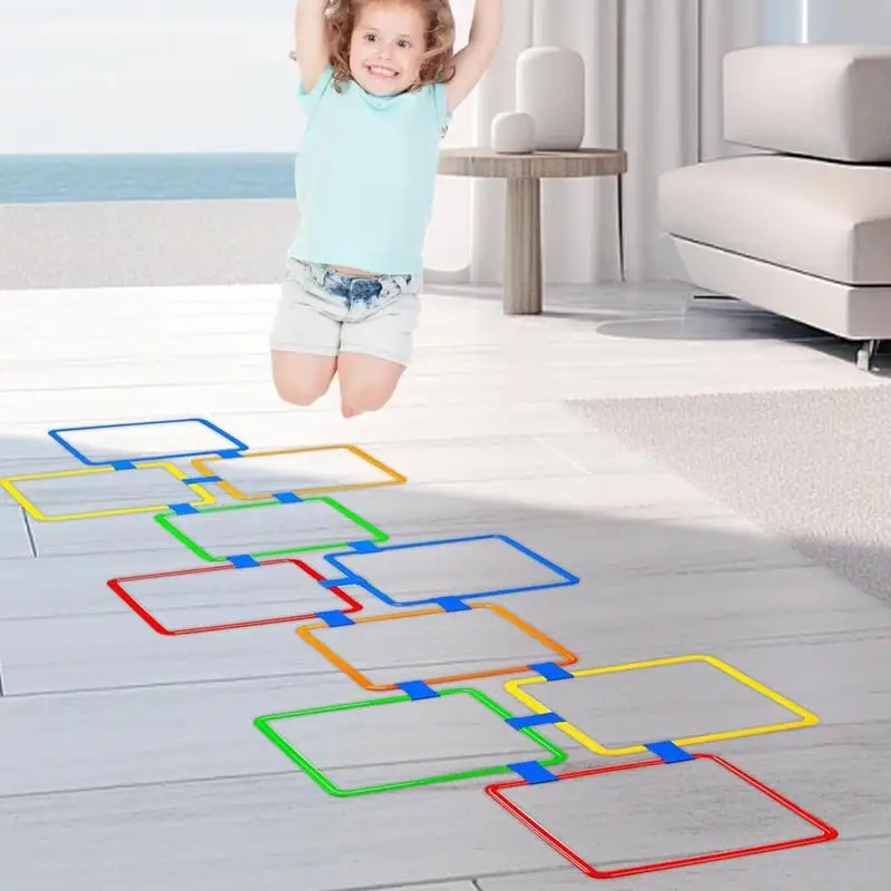 Hopscotch Rings Agility Rings Obstacle Course With Beanbag 15 Inch Squares With Connectors For Kids Indoor Outdoor