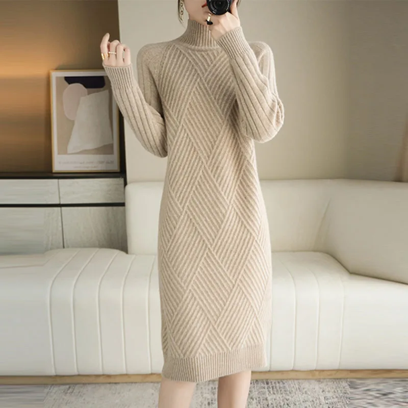 

Autumn Winter Thick Women Long Wool Swester Casual Warm Half Turtleneck Knitted Pullover Jumper Female Korean Swester Dresses