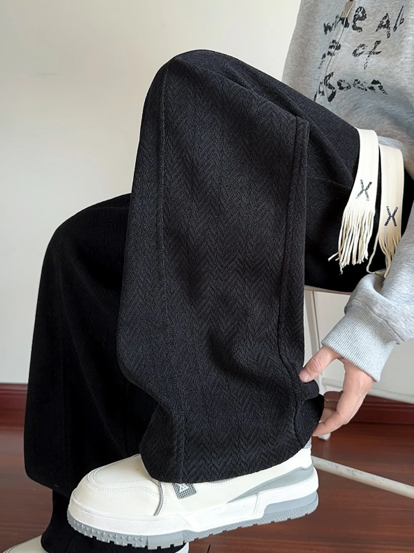 

Men's Casual Loose Straight Leg Pants Spring Season Tassel Waist Polyester Fiber Non-Sink Wide Leg Trousers Harvest Pattern