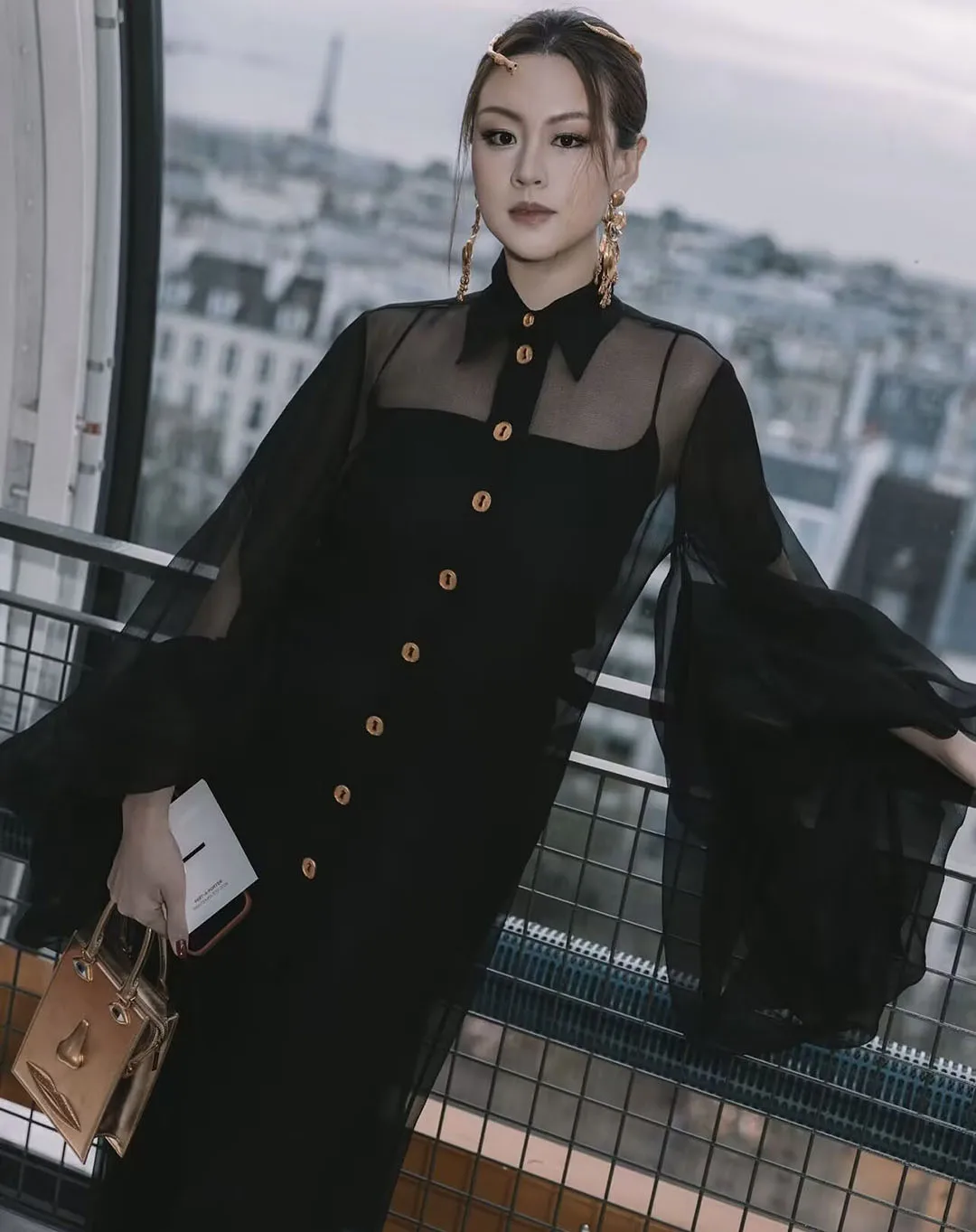 New Spring Fashion Sheer Transparent Two-piece Dress Set Women Lapel Lantern Sleeve Gold Button Chic Black Long Party Dresses