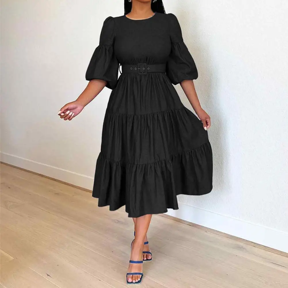 Loose Waistline Dress Elegant A-line Midi Dress with Puff Sleeves Belted Waist Soft Patchwork Pleats for Women Spring Autumn