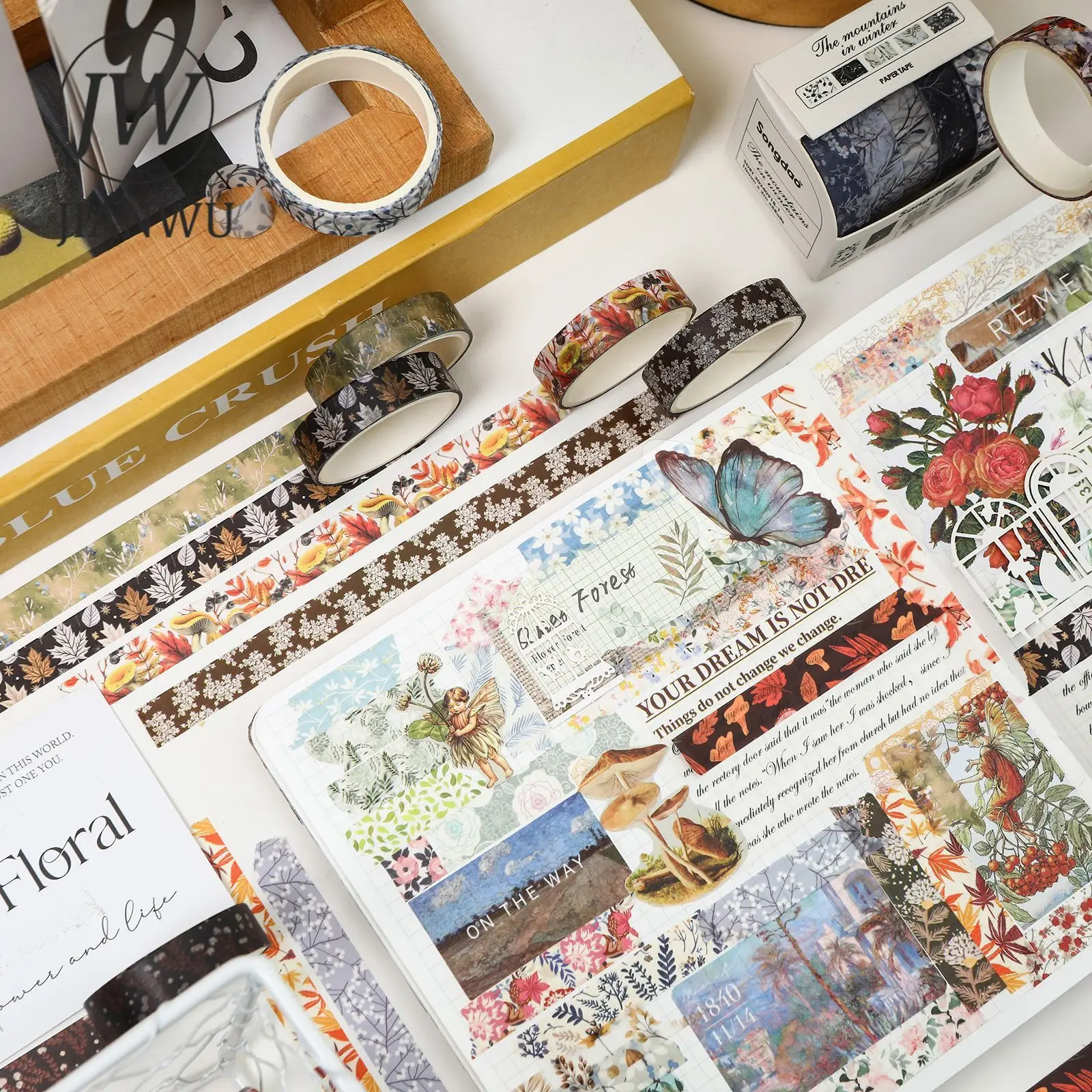 

JIANWU 5 Rolls/set Winter Mountain Series Vintage Plant Leaves Landscape Material Collage Washi Tape Creative Journal Stationery