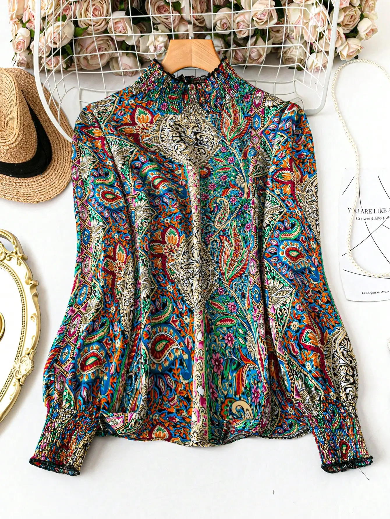 

Блузка с длинным рукавом и принтом в стиле бохо для женщин, повседневный топ свободного кроя с высоким воротником