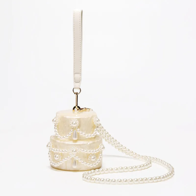 

Unique Shape Women Acrylic Cake Bag Cute Pearl Evening Clutch Bag Mini Pearl Purse For Wedding Party Luxury Shoulder Handbag