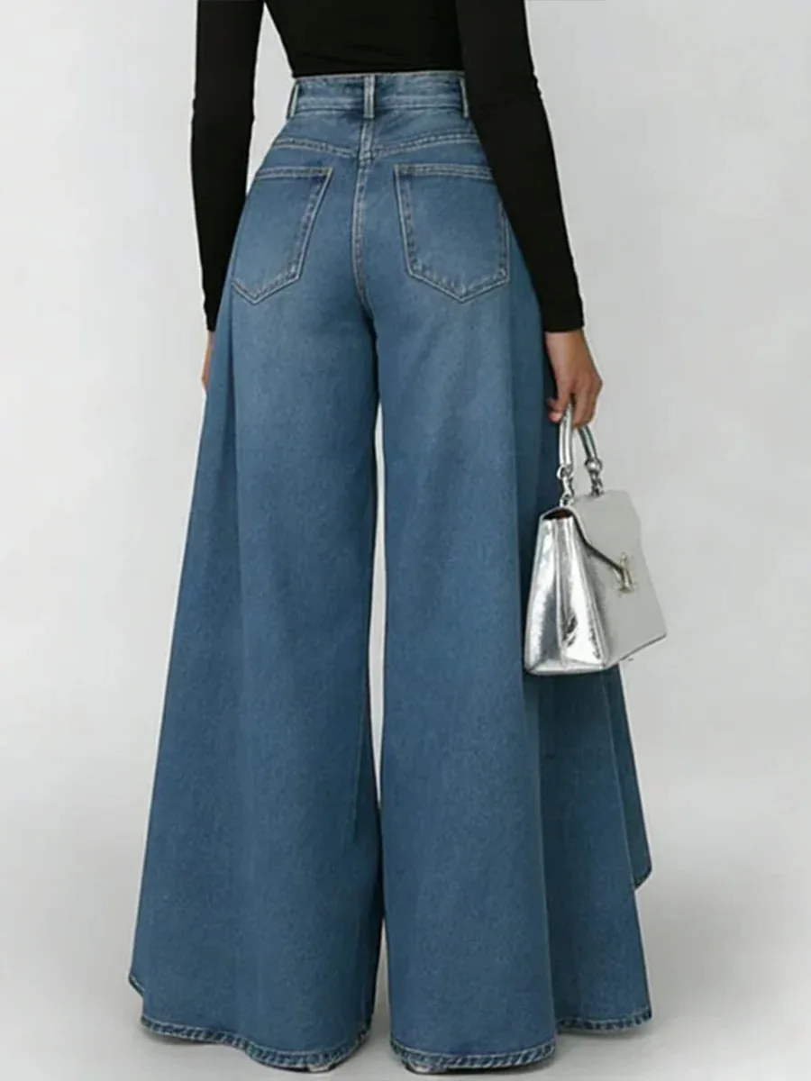 Casual Fashion Trousers Spring Summer Solid Color Simple Elegant Loose High Waist Wrinkled Imitation Denim Wide Leg Trousers