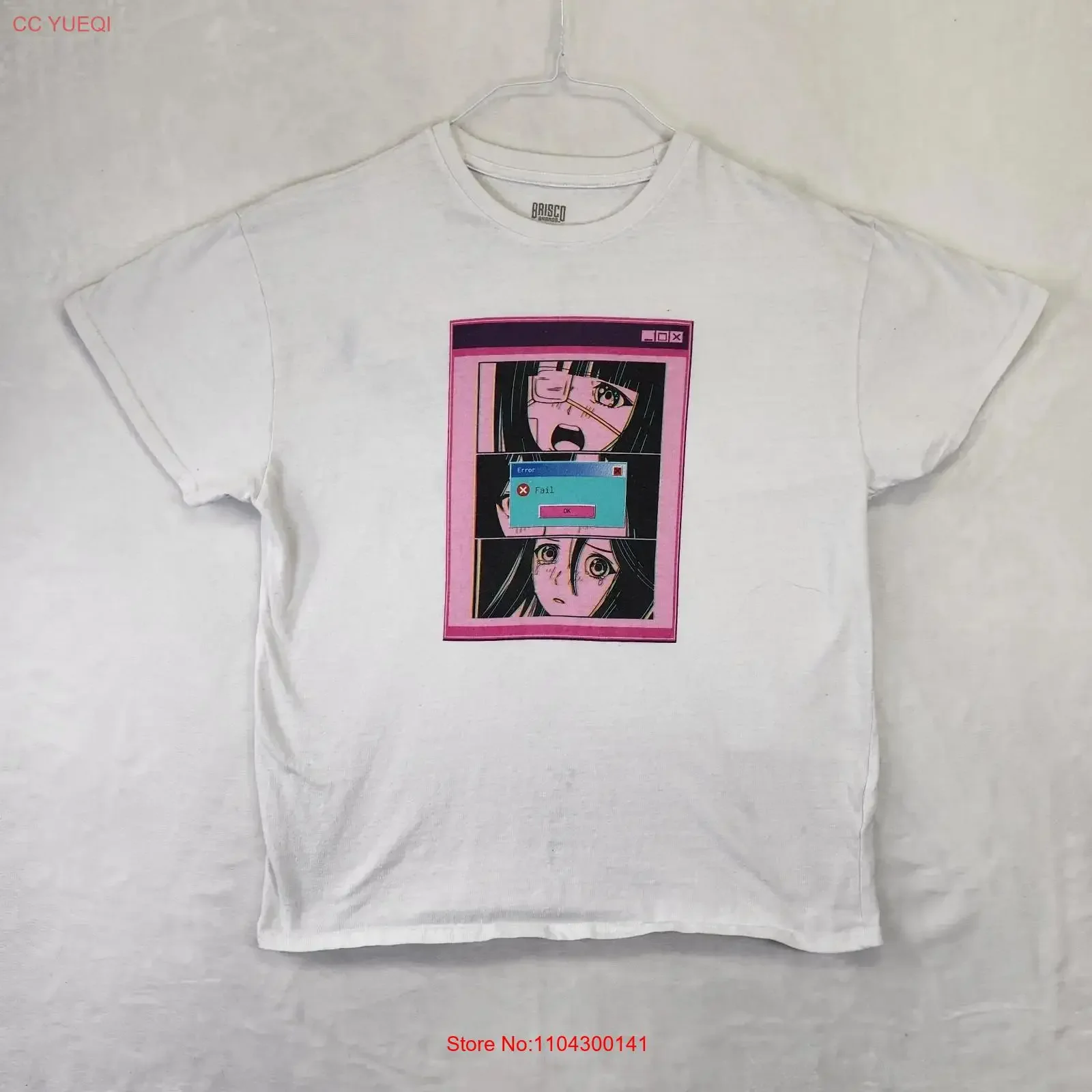 Anime Error Fail T Shirt Brisco Brands White Y2K Aesthetic XL Distressed long or short sleeves vintage Washed Stylish
