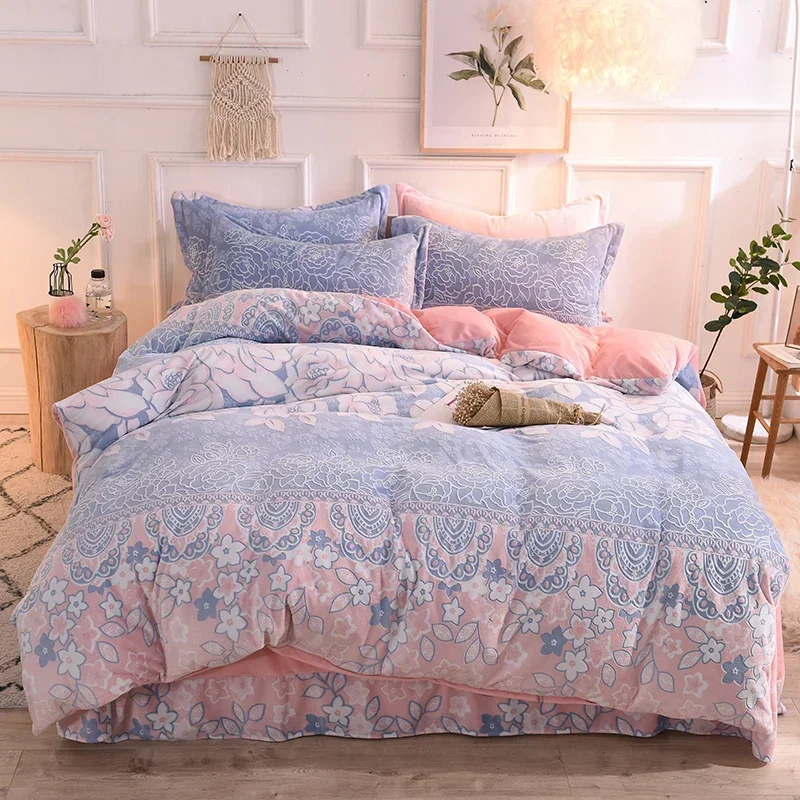 

Blue 3/4pcs/set Winter Bedding Set 6D Carved Crystal Velvet Duvet Cover Flat Sheet Pillowcase Soft Warm Washable Bed Quilt Cover