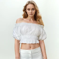 Solid Fold Pleated Women's Shirt Slash Neck Puff Short Sleeve Tunic Slim Fashion Woman Blouses 2024 Clothing Style New