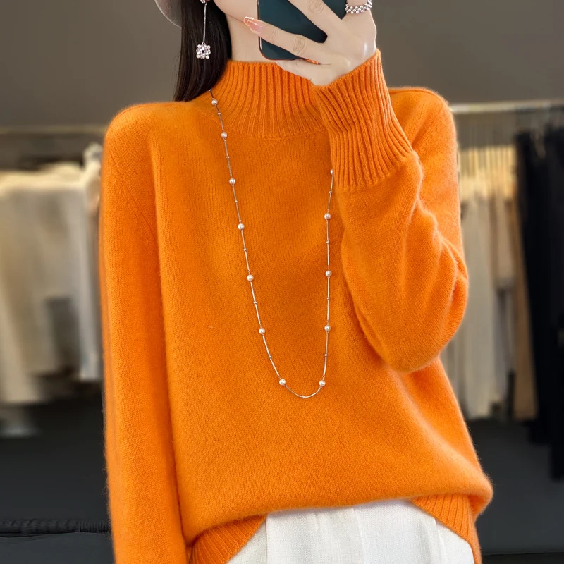 2024 autumn and winter new 100% pure wool women's semi-turtle neck slim Joker sweater loose thickened bottoming shirt.