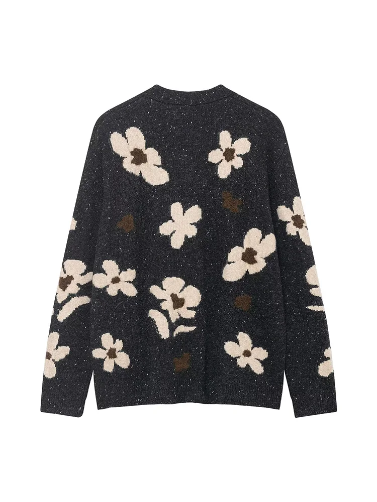 

HH Women Elegant Long Sleeve V-Neck Flower Printing Knitted Jacket Autumn Women Loose High Street Single-breasted Sweater