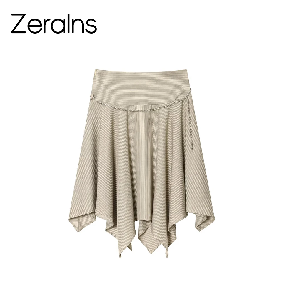 ZERAINS Summer new women's clothing European and American style casual loose high waistband belt asymmetrical striped skirt