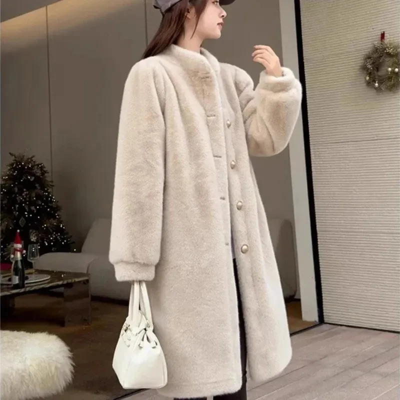 Stand Up Faux Mink Fur Coat Leather and Fur Women's Furry Jackets Winter Thick Loose Plush Coats Long Sleeves Warm Fluffy Jacket