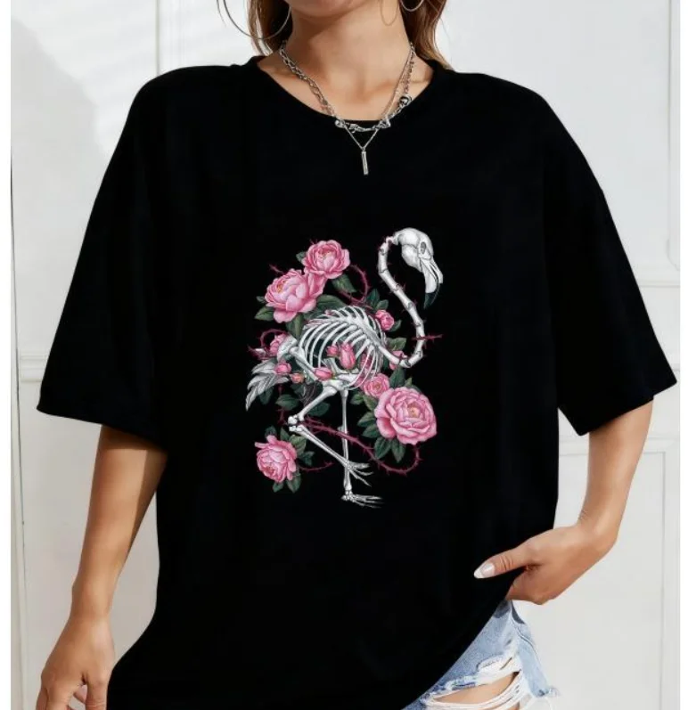 Gothic Skeleton Flamingo Rose Short-sleeved Printed T-shirt Top Unisex Dark Romantic Floral Skull Graphic Casual Streetwear Y2k