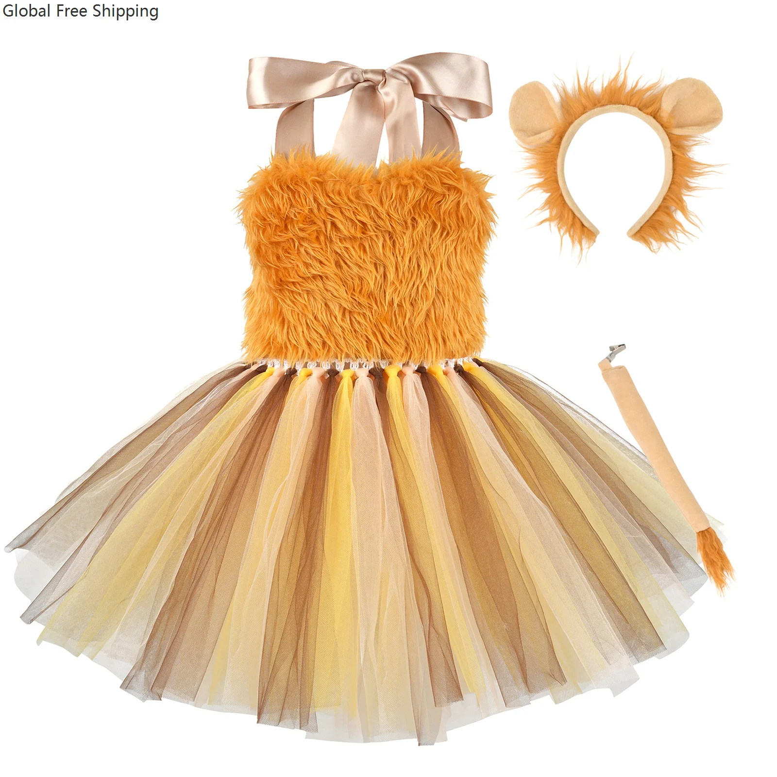 

Baby Girl Halloween Animal Costume Adorable Children's Lion Dress Plush Puffy Skirt With Tail Carnival Birthday Party Gift Set