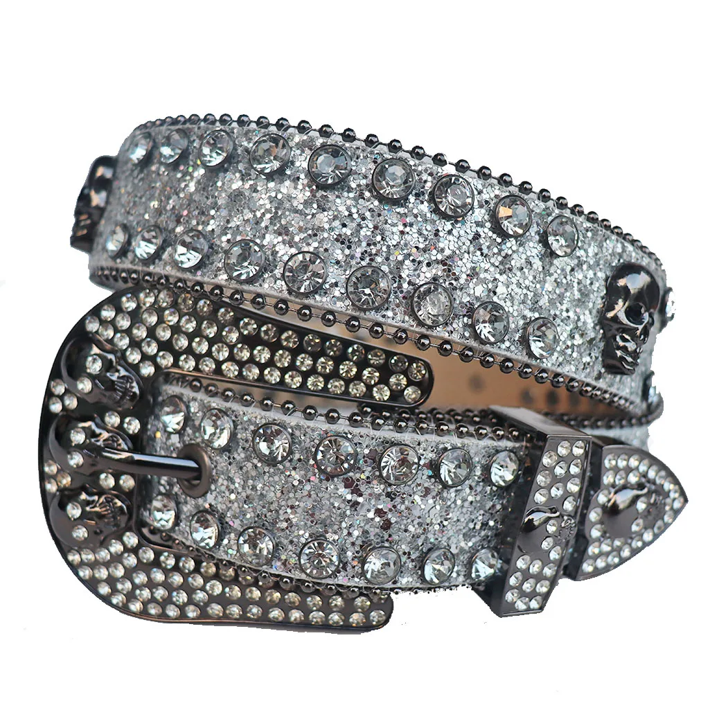 Casual Men Women Unisex Western Cowboy Skull Rhinestone Belt Crystal Studded Diamond PU Leather Belt Dress Jeans