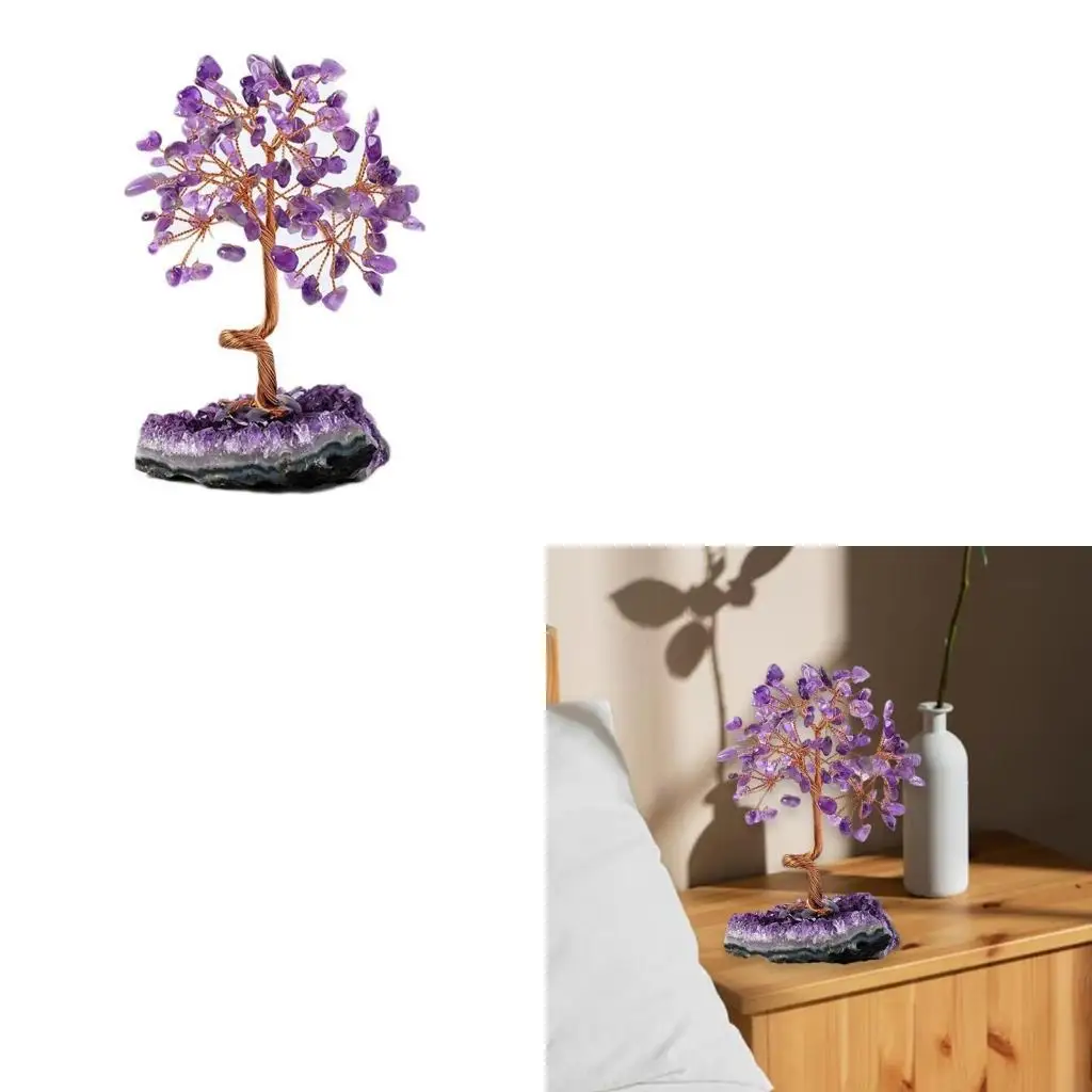 Fengshuis Crystal Bonsais Money Tree with Amethysts Cluster Base for Wealth and Prosperity Home Office Desktop Decors 