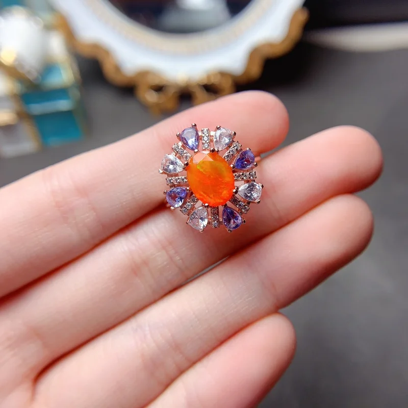 Luxurious Mexico Rare Orange Fire Opal Women Ring with Silver Plated 925 Sterling Engagment Promise Ring for Gift