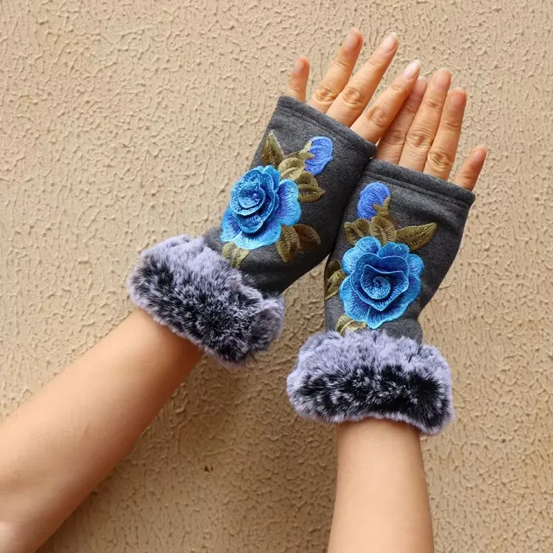 

Fashion 3D Flower Embroidered Gloves Fingerless Half Finger Embroidery Floral Gloves Women's Winter Touch Screen Gloves Mittens