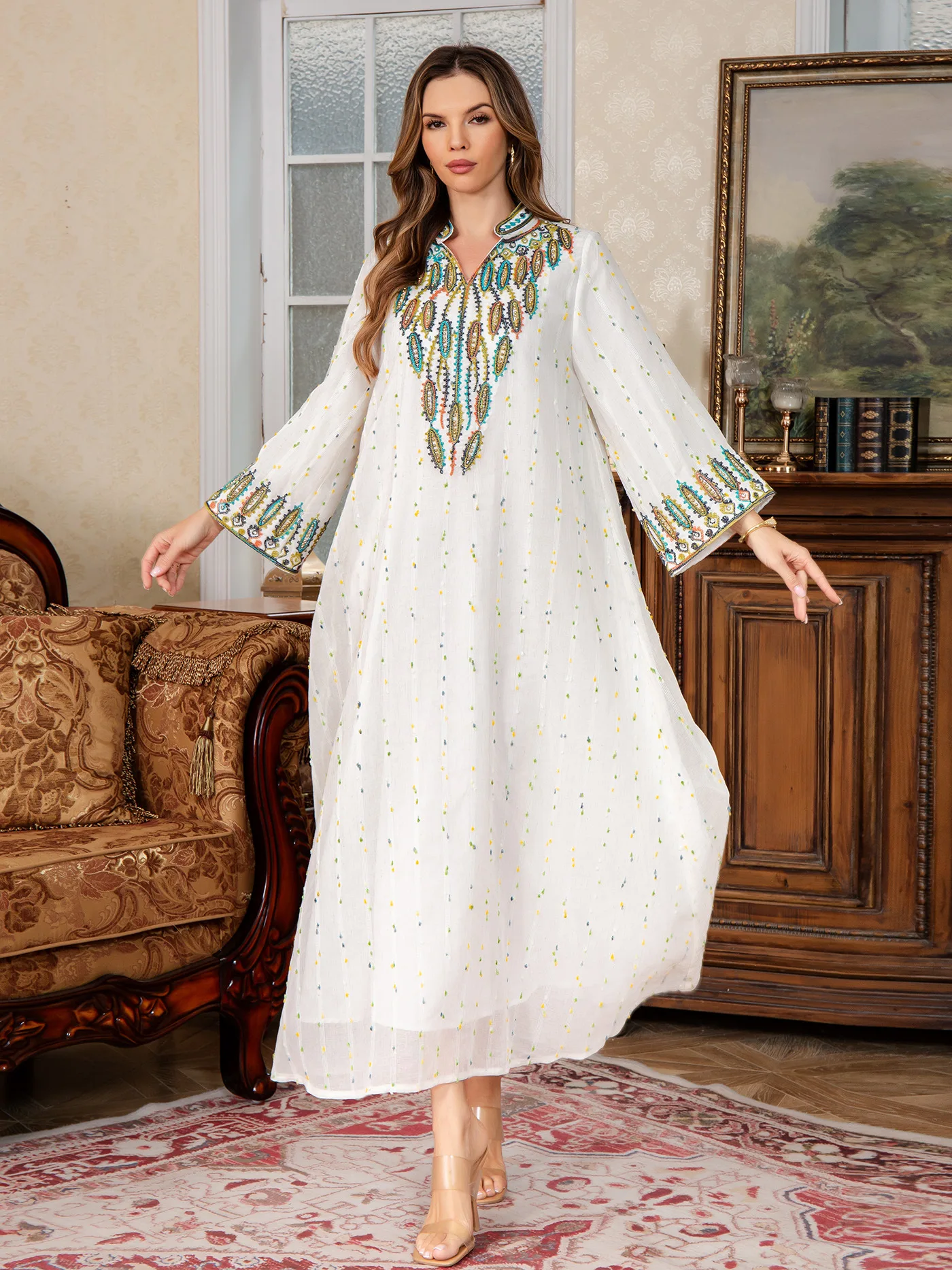 2025 Nuovo Magazzino Ramadan Medio Oriente Abbigliamento Musulmano Dubai Abiti Largos Caftano Jalabiya Corda Ricamo Elegante Abito Arabo