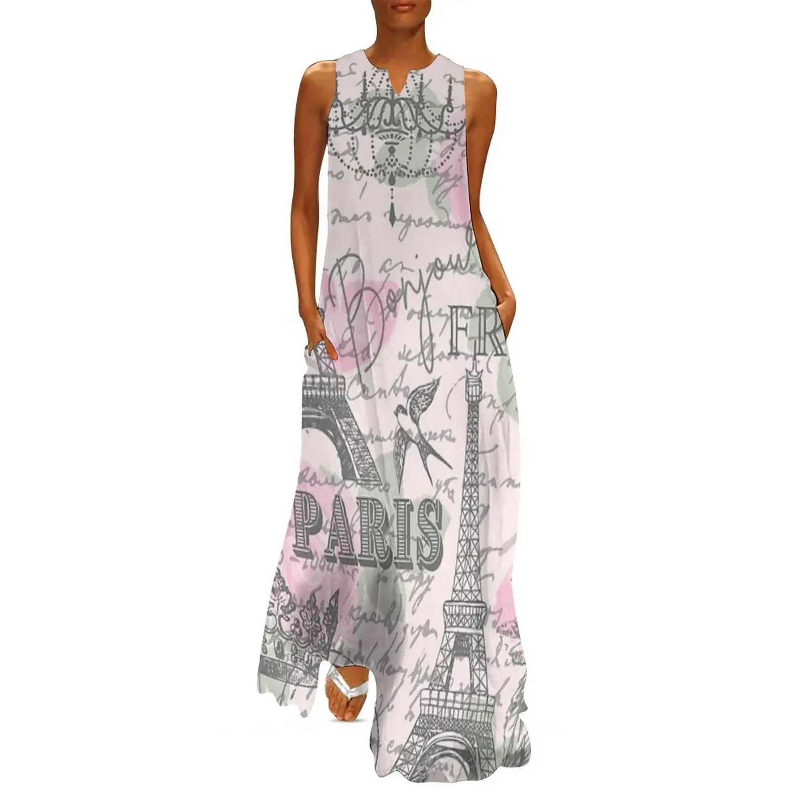 

Preppy Vintage Paris Eiffel Tower Postcard Chandelier Rose Design Long Dress dresses summer Woman's evening dress woman dress