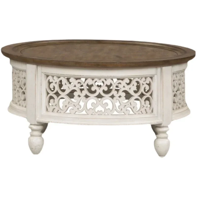 

French American solid wood retro living room round coffee table black old small apartment balcony rattan art small tea table