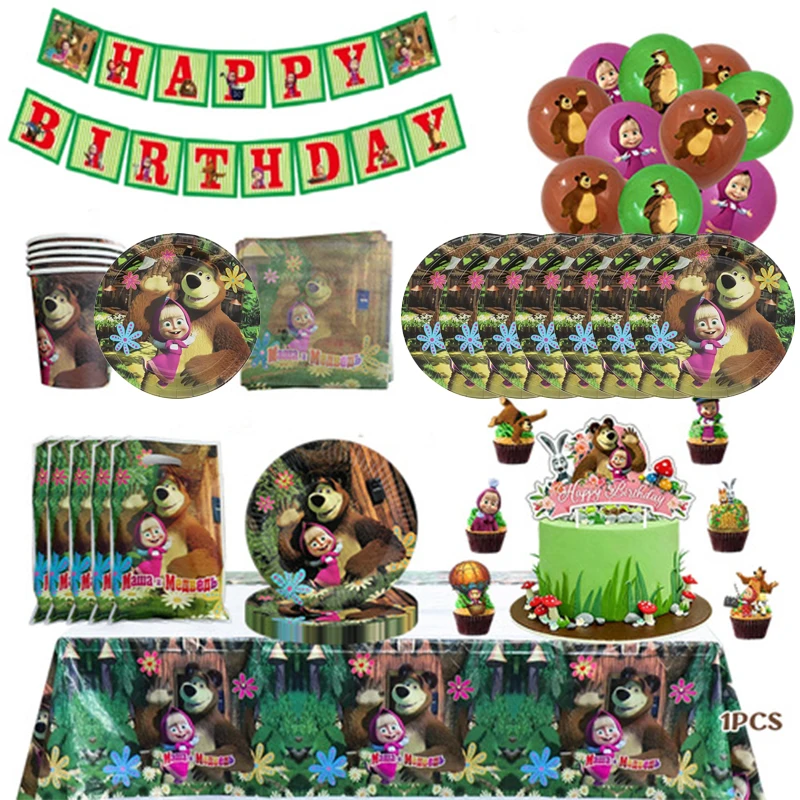 Decoración para Fiesta de Cumpleaños de Masha, Tema de Osos de Dibujos Animados, Globos, Artículos para Eventos, Mantel, Platos, Vasos, Pancarta, Globos
